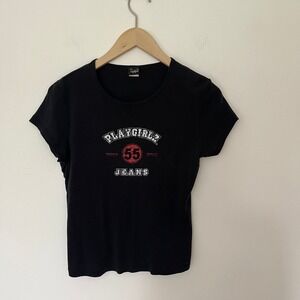 Whisper Playgirlz Jeans Graphic Baby Tee Black Y2K Distressed Slim Fit Top
